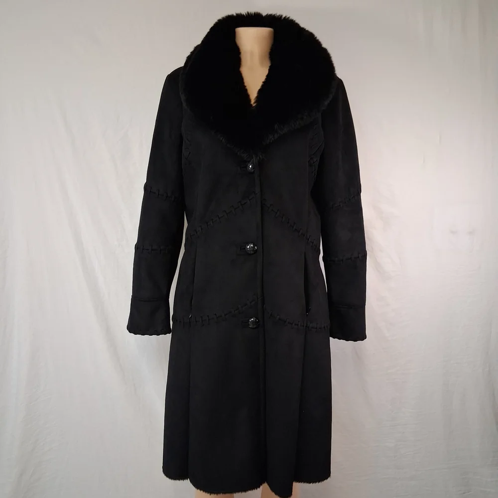 Coldwater Creek Elegant Black Trench Coat with Plush Collar - Picture 3 of 16